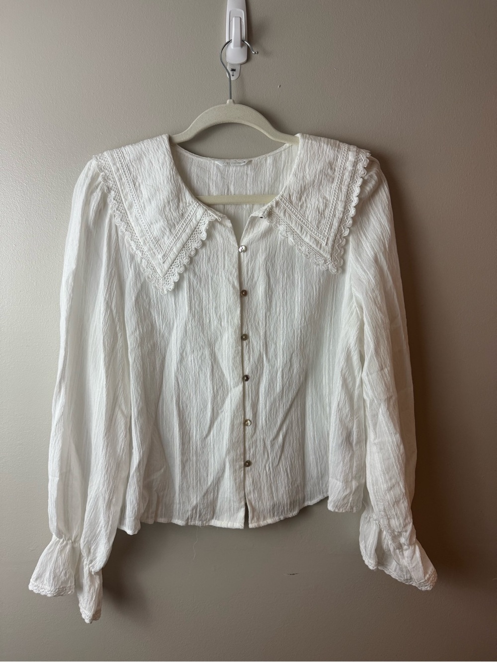 Zara White Lace-Trim Button Front Blouse Medium Boho Folk Cottagecore Minimalist